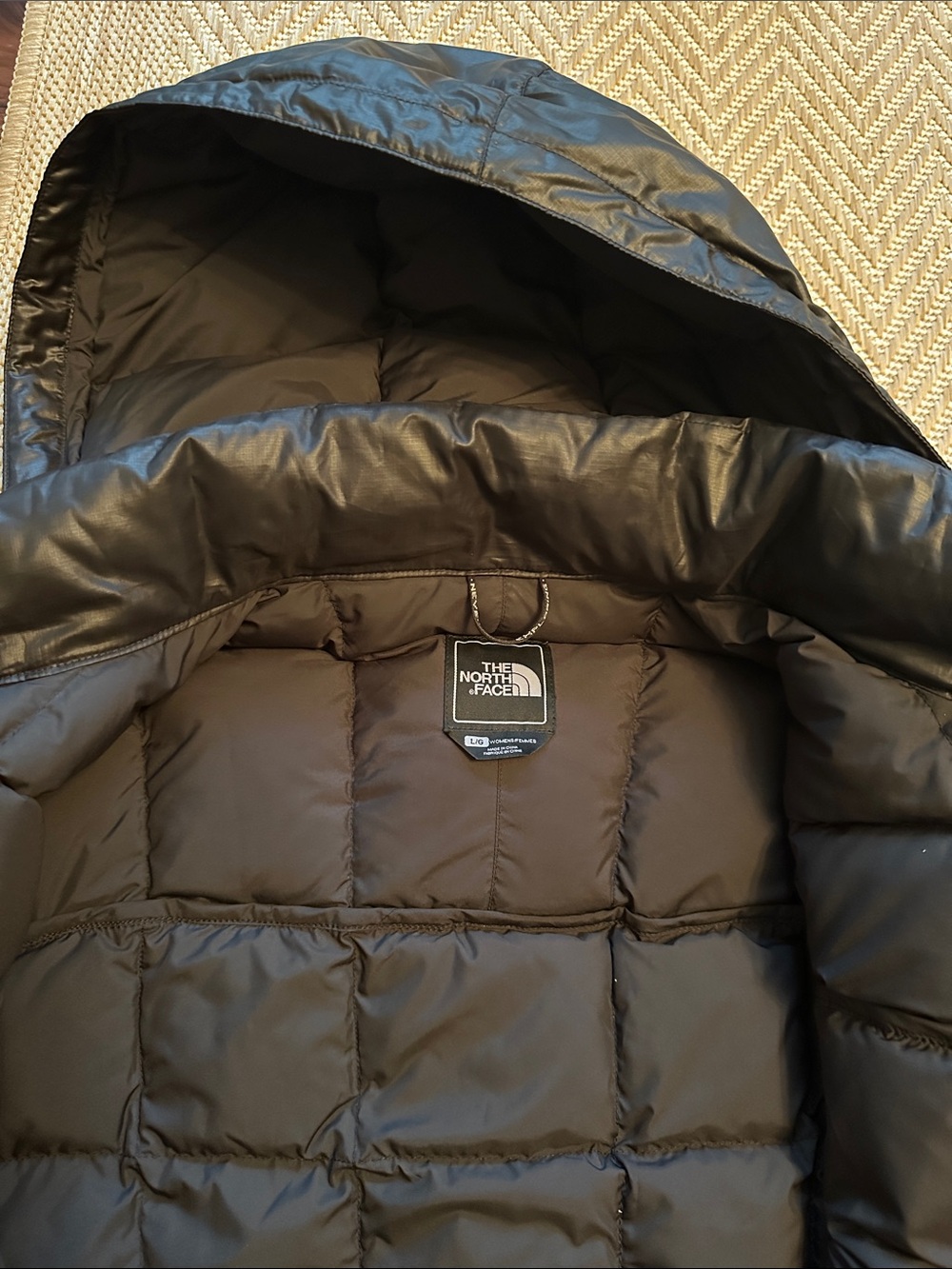 North Face women’s down coat jacket long 600 large black hooded parka - Picture 5 of 7